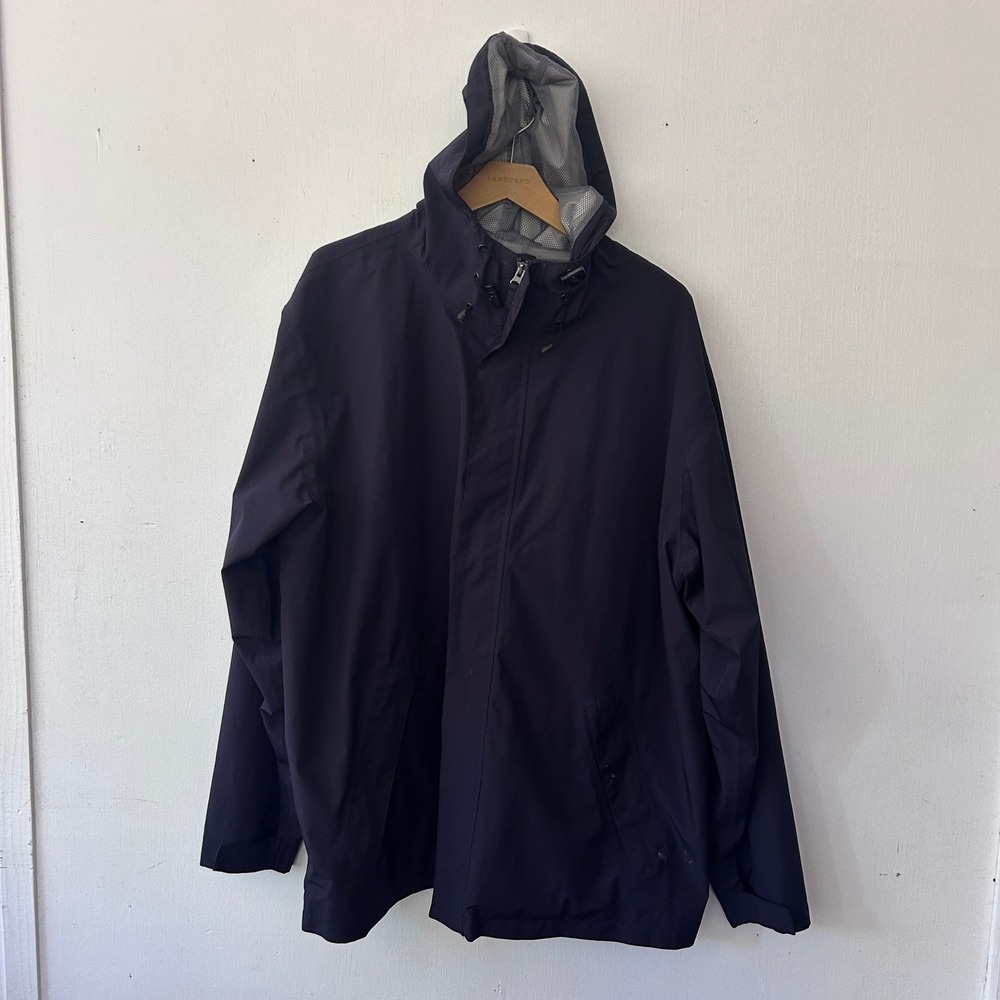 Lands End Hooded Rain Jacket Mens XL Navy Blue Full Zip Mesh Lined Gorpcore